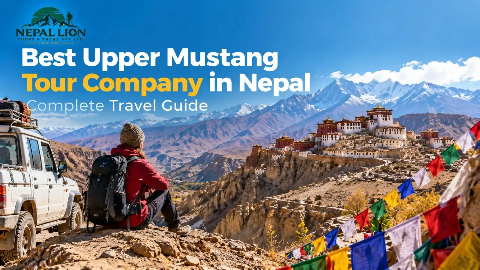 Upper Mustang’s dramatic Himalayan landscape with Lo Manthang village, rugged cliffs, and snow-capped mountains.