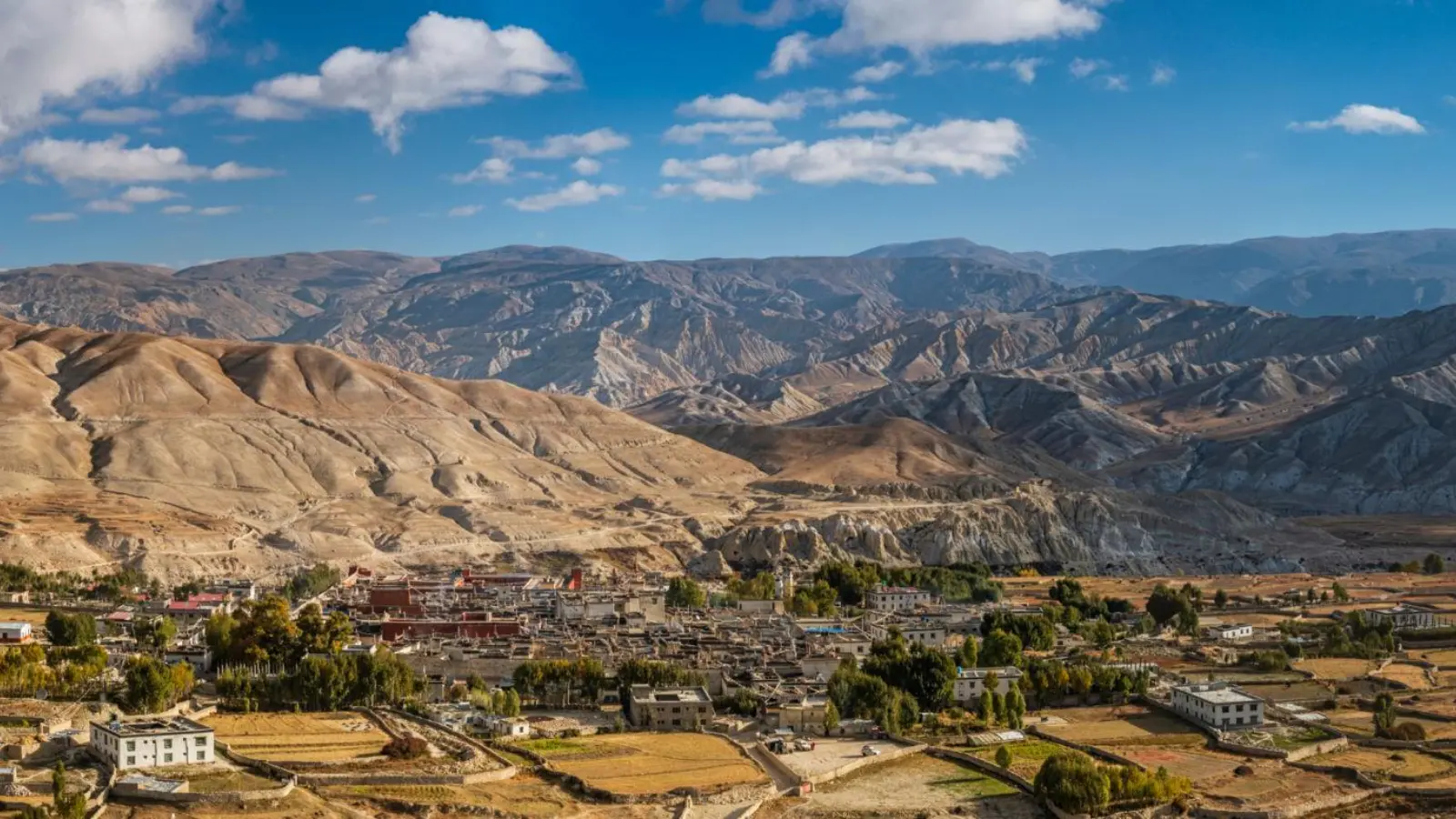anoramic view of Lo Manthang, Upper Mustang, Nepal, surrounded by rugged Himalayan mountains.