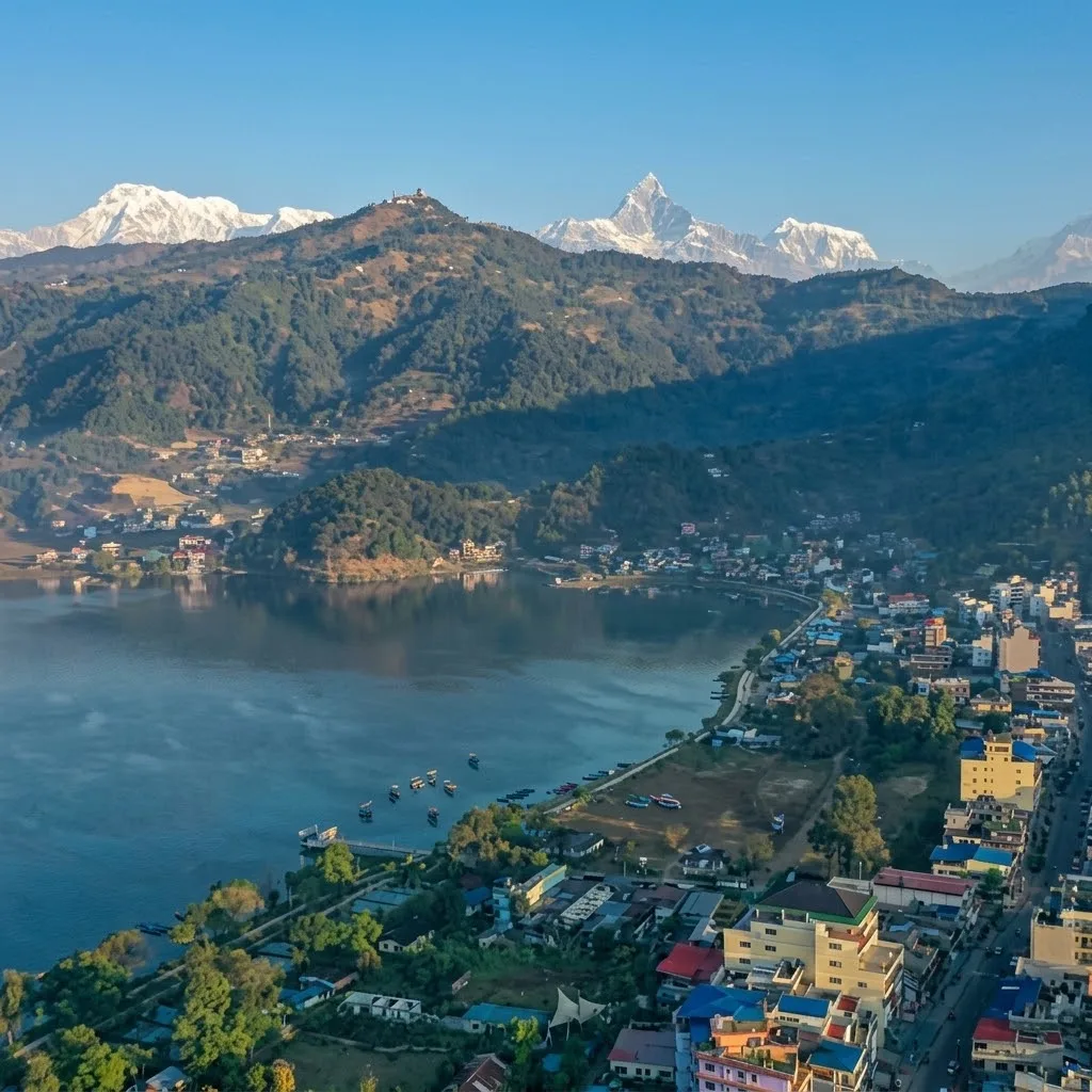 High-angle aerial view of Pokhara lakeside city along Phewa Lake beneath Mount Machapuchare and Annapurnas