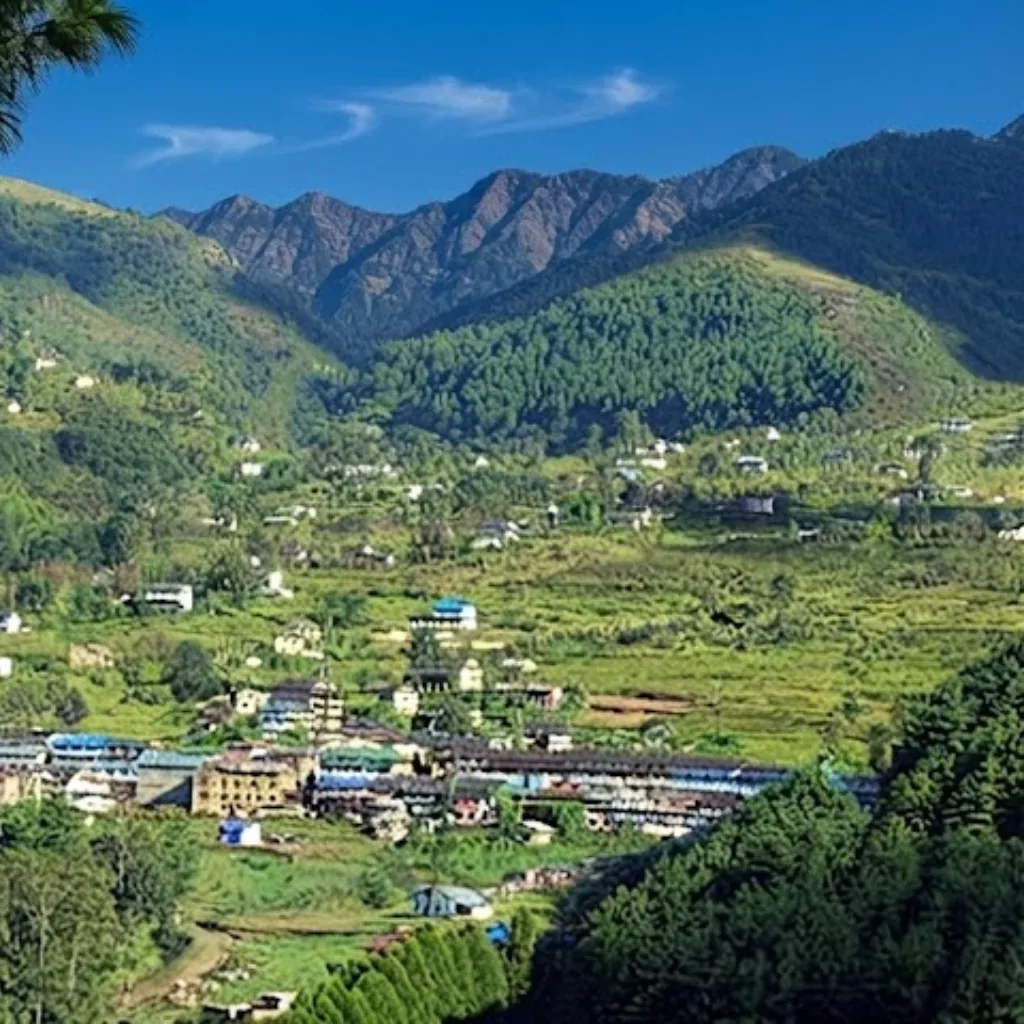 Panoramic view of lush green terraced hillsides, pine forests, and a rural village nestled beneath forested mountain ridges under a blue sky.