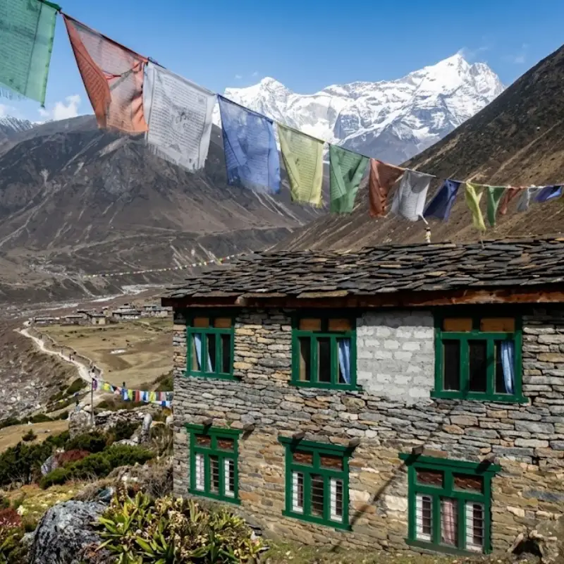 Traditional two-story Himalayan stone house with bright green window frames, slate roof, and colorful Tibetan prayer flags overlooking a deep mountain valley.