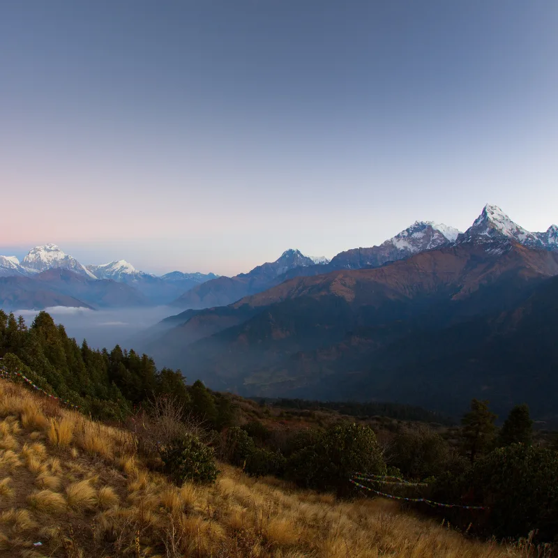 Grassy mountain ridge with colorful prayer flags overlooking snow-capped peaks and mist-covered valleys from Ghandruk Nepal.