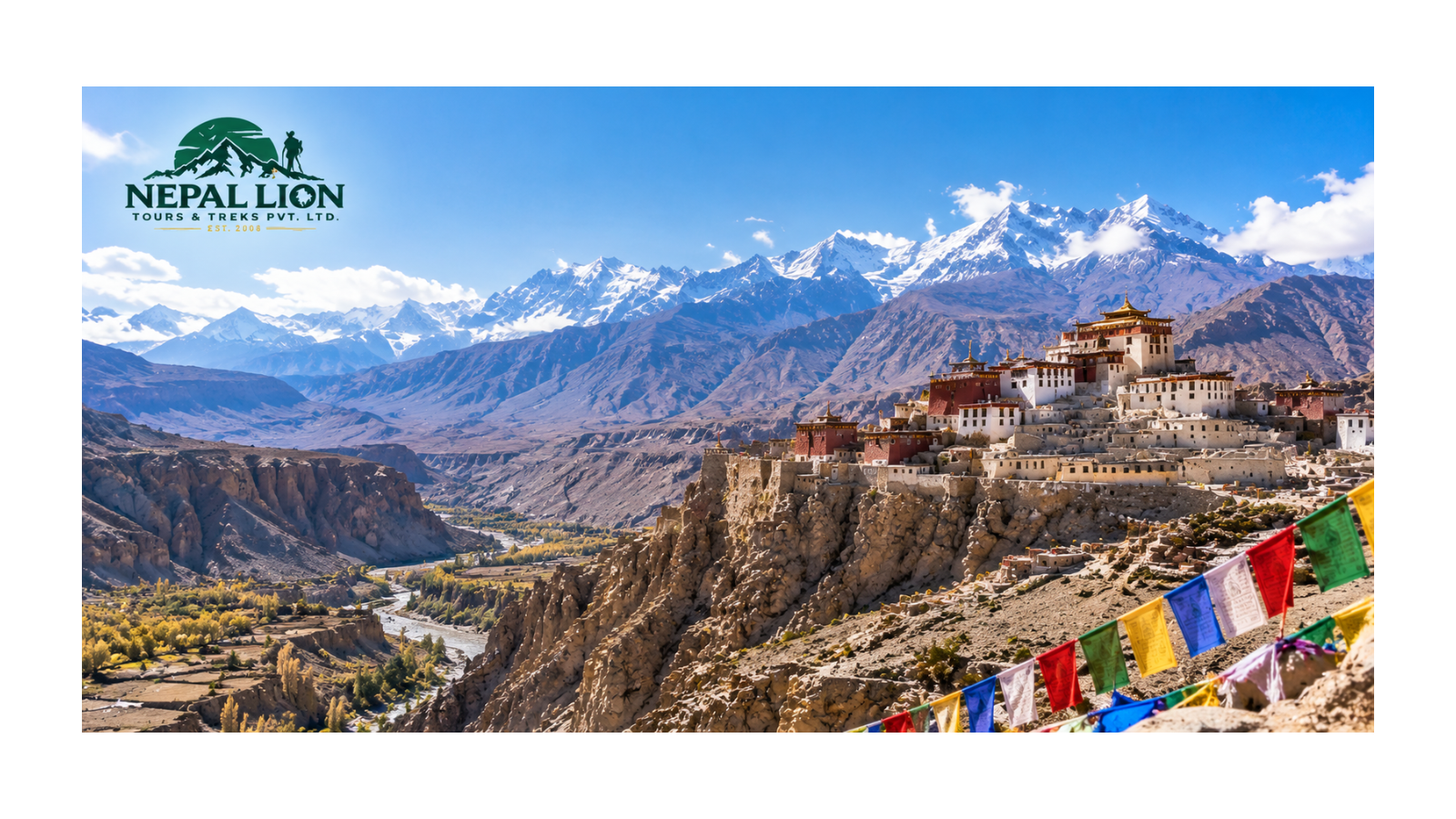 Upper Mustang’s Lo Manthang village and Himalayan mountains with Nepal Lion Tours logo.
